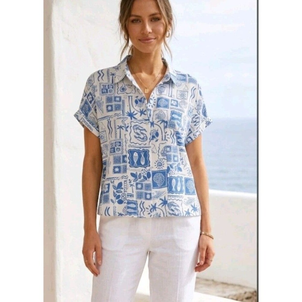 April Kiss Blouse Boxy Button Size XL Blue Sea Shells/Fish Print Linen Blend